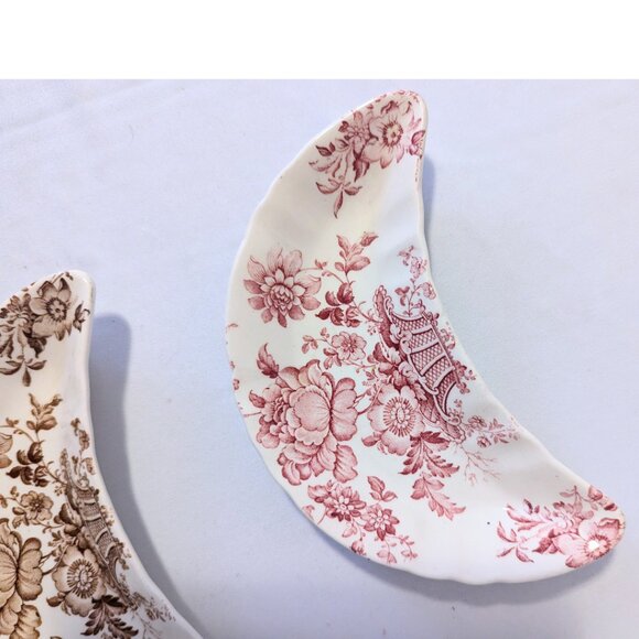 Vintage Crown Devon Staffordshire England Crescent Dishes Brown Red Floral China - Picture 3 of 5